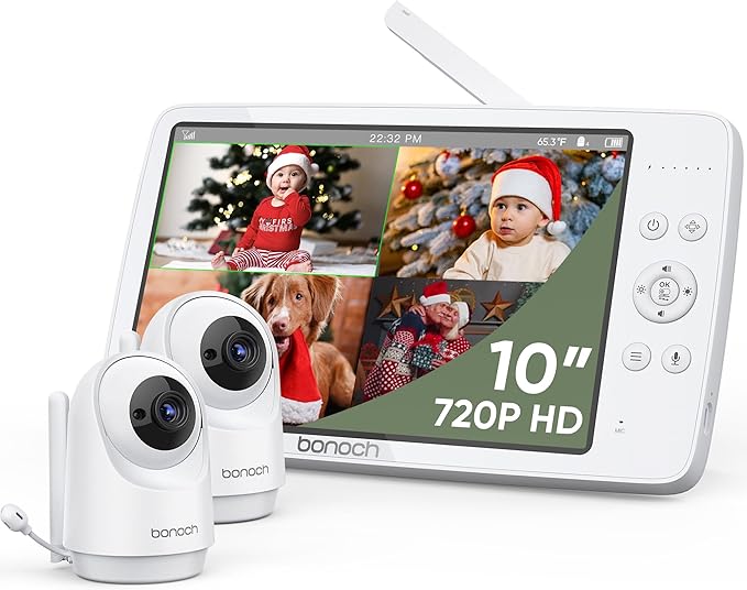 bonoch MegaView Baby Monitor, 10" Video Monitor with 2 Cameras, 10000mAh Battery, Quad Split Screen Baby Monitor with Camera and Audio, VOX Mode, Auto Night Vision, Remote PTZ, Hack Proof