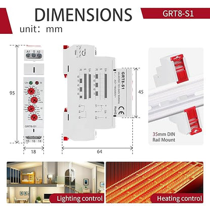 Asymmetric Cycle Timer Relay 1SPDT AC 12V 240V 16A Long or Short Period Repeat Cycle Tntermittent Timer Electronic Relay in Din Rail (GRT8-S1 AC DC 12-240V)