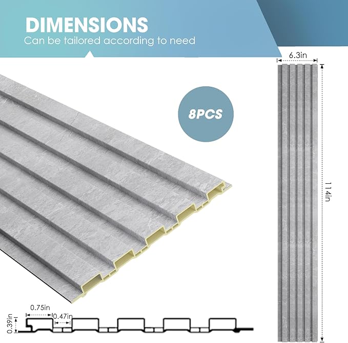 OUZUGIE WPC Acoustic Slat Wall Paneling, 8-Pack 114 x 6 Inches 3D Wall Panels for Interior Wall Decor,Living Room,TV Background,Study Room,Office Spaces,Bedroom,Low Grille (Gray Marble)