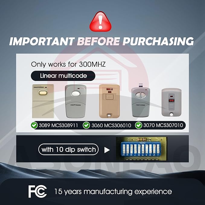 2 for Multi-Code 3089 MultiCode 308911 Linear MCS308911, 300MHZ 10 Dip Switch Gate Opener Remote (3-Year-Warranty)
