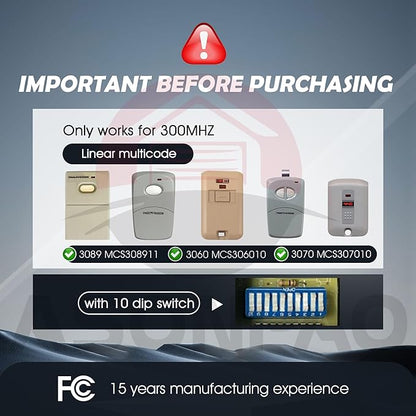 2 for Multi-Code 3089 MultiCode 308911 Linear MCS308911, 300MHZ 10 Dip Switch Gate Opener Remote (3-Year-Warranty)