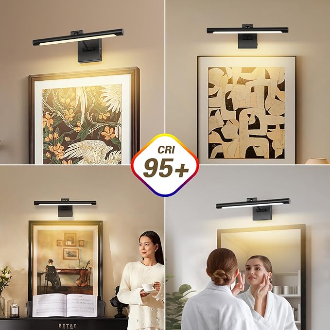 Joosenhouse Battery Operated Picture Light Rechargeable Art Light Wireless Gallery Light with Remote Control and Timed Dimmable with Single Swing Arm 16.54 Inch Warm White Black