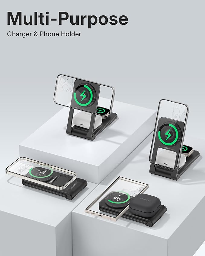 3 in 1 Charging Station for Apple Devices, Magnetic Wireless Charger Stand, 15W Foldable Travel Charging Dock for iPhone 17 16 15 14 13 12 Pro Max Plus Air & Apple Watch & AirPods 4 3 2 Pro, Black