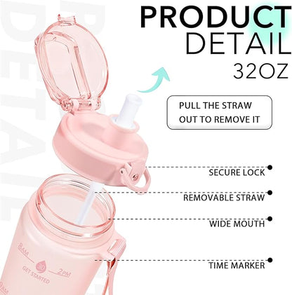 32oz Water Bottle with Time Marker, Motivational Drinking Bottle with Strap, BPA-Free Leak-Proof, Encouraging Water Bottle Time to Drink Water for Gym School Office Travel