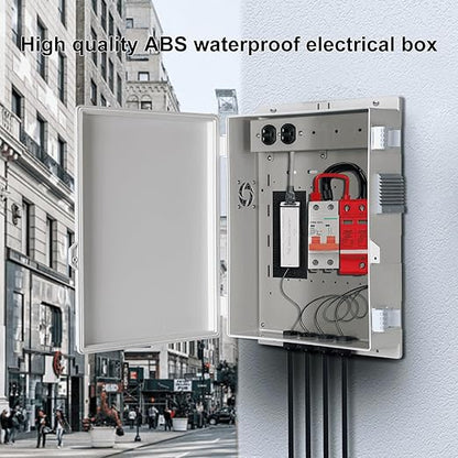 Outdoor Electrical Junction Box with High Power Outlet, ABS Water Resistant Enclosure with Internal Mounting Panel & Hinged Cover (16" H* 12" L* 4" W)