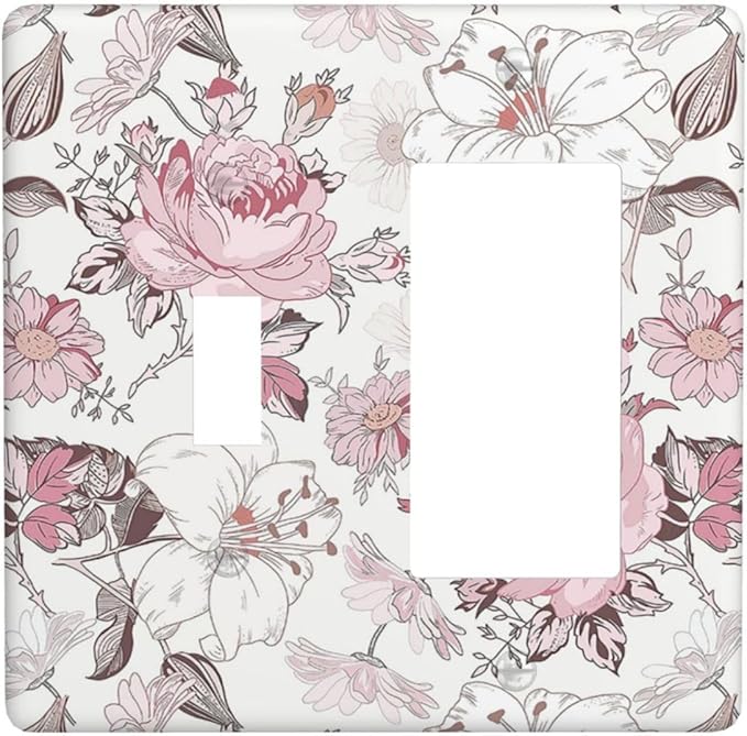 Outlet Covers Modern Watercolor Flower Pink White Wildflower 1 Toggle 1 Rocker Combination Decorative Wall Plate Light Switch Cover Plate Electrical Switch Plates for Bedroom Home Decor