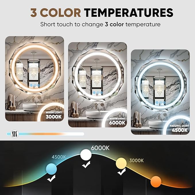 28 Inch Round LED Bathroom Mirror with Lights, Frameless Vanity LED Mirror for Bathroom with Beveled Edge, Backlit Anti-Fog, Dimmable, 3 Colors, Memory Function, Tempered Glass, Shatter-Proof
