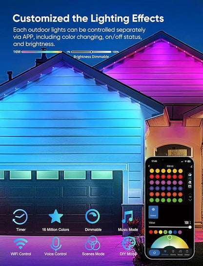 Permanent Outdoor Lights 150ft,RGBW Eaves Light with 108 LED Lights,111+ Scenes Modes Outdoor Lighting, Waterproof Permanent Light for Daily Holiday Halloween Decorations, Compatible with Alexa,Black