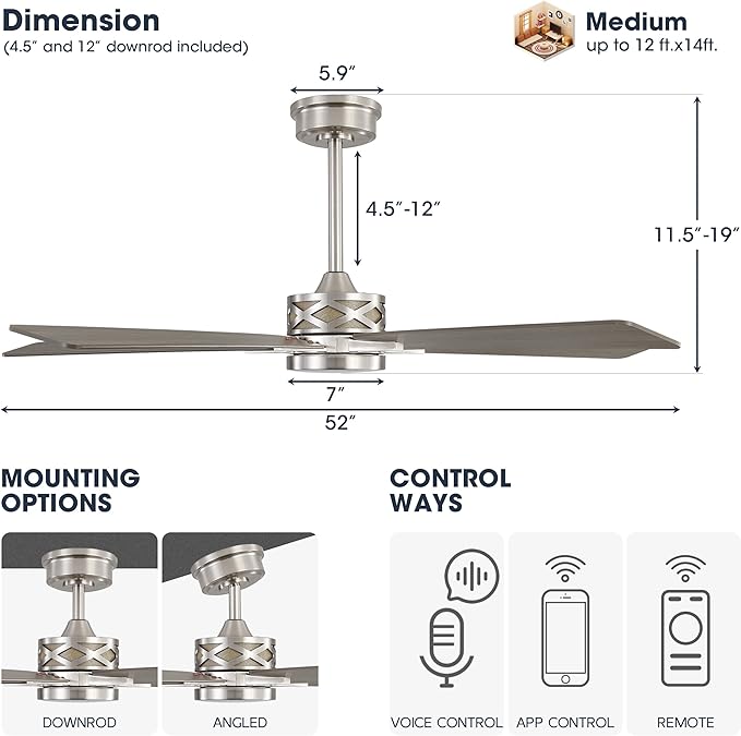 WINGBO 52" Smart Ceiling Fan with Lights, 5 Plywood Blades, 6 Speeds Reversible DC Motor, Works with Alexa and Google Assistant, 3CCT Dimmable LED Ceiling Fan for Bedroom Living Room, Nickel and Grey
