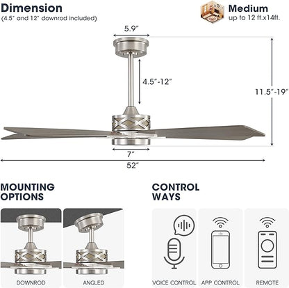 WINGBO 52" Smart Ceiling Fan with Lights, 5 Plywood Blades, 6 Speeds Reversible DC Motor, Works with Alexa and Google Assistant, 3CCT Dimmable LED Ceiling Fan for Bedroom Living Room, Nickel and Grey