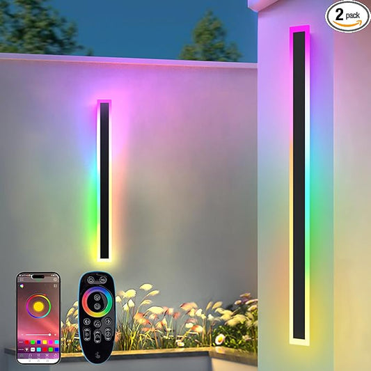 2 Pack Outdoor RGB Long Wall Lights, 57 inch Wall Lights RGB/Warm/White Dimmable Modern Led Wall Lighting, Ip65 Waterproof Wall Sconce with Remote APP Control for Outdoor/Indoor Party Gathering