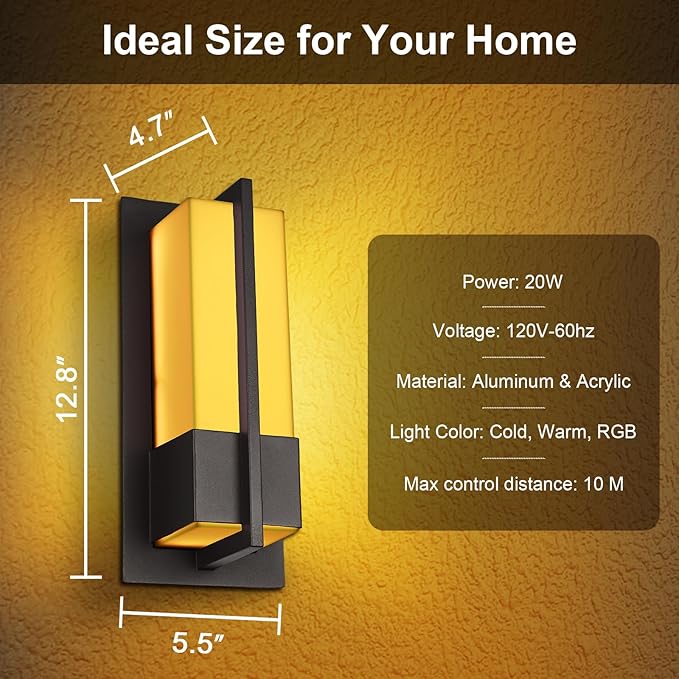 Smart Outdoor Wall Lights 3000K-5000K, Modern RGBCW Porch Lights Outdoor, Acrylic Glass Exterior Lighting for House, Patio, Garage, Yard