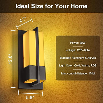 Smart Outdoor Wall Lights 3000K-5000K, Modern RGBCW Porch Lights Outdoor, Acrylic Glass Exterior Lighting for House, Patio, Garage, Yard