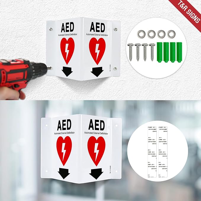 T&R AED Sign, Automated External Defibrillator with Down Arrow - 4 Pack - 8 x 6 Inches Acrylic, 4 pre-drilled holes, Includes Matching Screws, Use for Office/Business