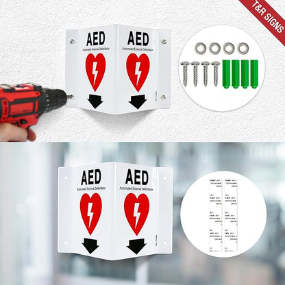 T&R AED Sign, Automated External Defibrillator with Down Arrow - 4 Pack - 8 x 6 Inches Acrylic, 4 pre-drilled holes, Includes Matching Screws, Use for Office/Business