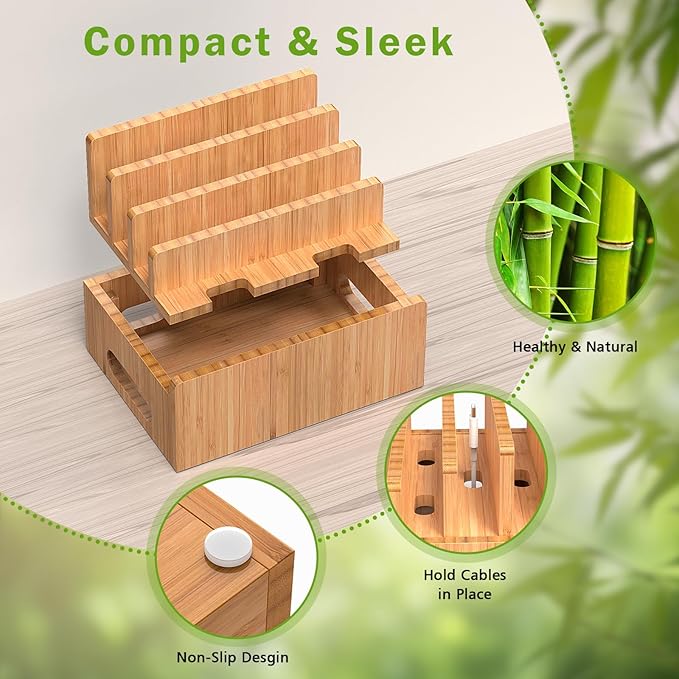 Pezin & Hulin Bamboo Charging Station for Multiple Devices with 5 Port USB Charger, 5 Cables, Watch&Earbuds Stand, Electronic Device Desktop Organizer for Cellphone, Tablet, Watch, Earbuds