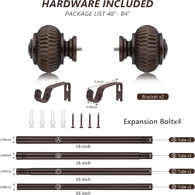 Bronze Curtain Rods for Windows 48 to 84 Inches, 1 Inch Adjustable Heavy Duty, Lantern Ball Finials, Window Treatment Single Rod Set