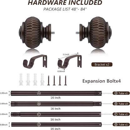 Bronze Curtain Rods for Windows 48 to 84 Inches, 1 Inch Adjustable Heavy Duty, Lantern Ball Finials, Window Treatment Single Rod Set