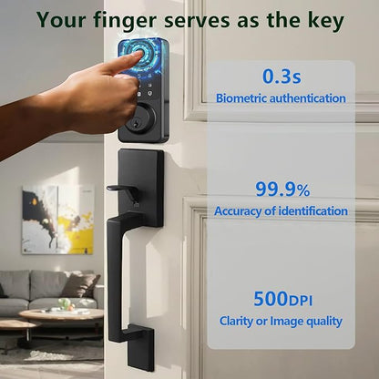 Smart Front Door Lock Handle Set, Keypad Door Lock with Handles, Fingerprint Keyless Entry Smart Locks Handle Kit, Electronic Smart Deadbolt with Auto Lock, Code, APP for Home, Apartment