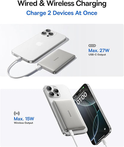 Baseus Picogo Magsafe Portable Charger, Qi2 Certified 0.5" Ultra Slim 15W Wireless Power Bank, 10000mAh 27W Fast Charging Magnetic Battery Pack with USB-C for iPhone 17/16/15/14/13/12 Series Only