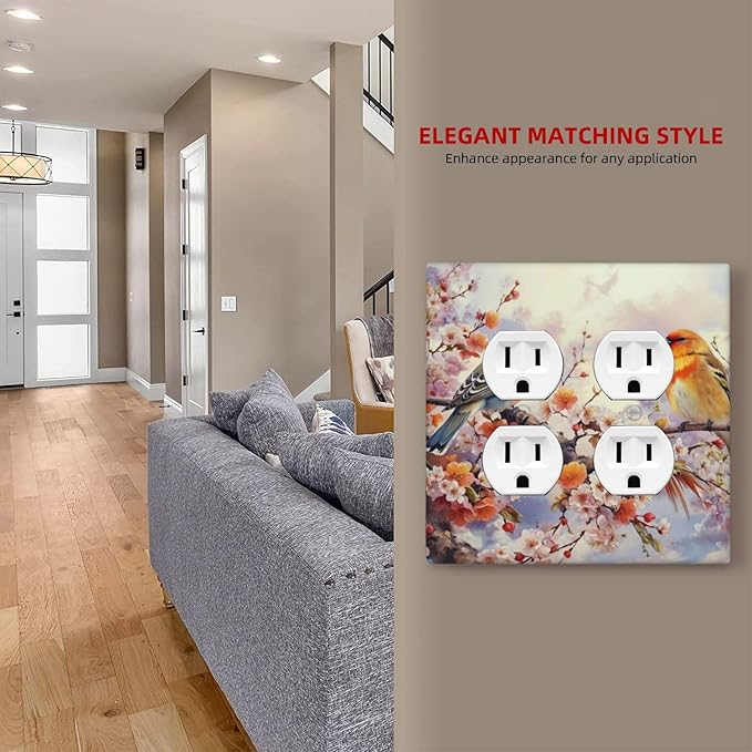 Decorative Outlet Covers Birds Sitting on Tree Branch Pink Flower 2 Gang Wall Plate Double Duplex Light Switch Cover Switch Plate Covers Faceplate for Bedroom Home Decor