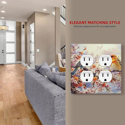 Decorative Outlet Covers Birds Sitting on Tree Branch Pink Flower 2 Gang Wall Plate Double Duplex Light Switch Cover Switch Plate Covers Faceplate for Bedroom Home Decor