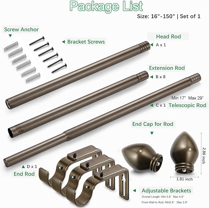 Curtain Rods for Windows 16 to 150 inches, Curtain Rod Max Adjustable Length to 158 in, Drapery Rod 1 inch Diameter with Modern Knobs Finials (Brown, 16" to 150" - Set of 1)