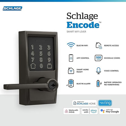 Schlage FE789WBCEN530LAT Encode Century WiFi Latitude Lever Smart Keyless Entry Touchscreen Door Lock, Black Stainless