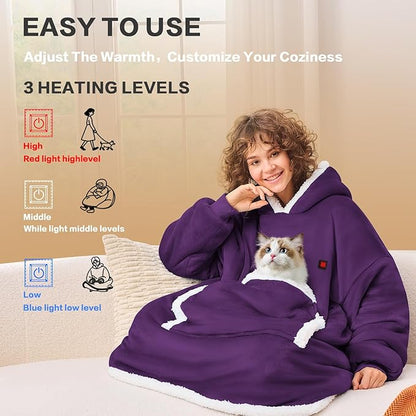 JOYWOO Purple Wearable Heated Blanket Hoodie,Oversized Cordless Portable Heating Hooded Blanket Cat Lovers,Christmas Gifts for Women,Mom,Grandma,Electric Blankets Throw for Adult Outdoor,Dark Purple