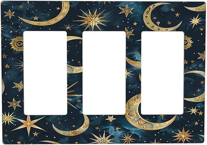 Light Switch Covers Modern Abstract Sky Blue Gold Moon Sun Star 3 Gang Rocker Electrical GFCI Decorative Triple Outlet Wall Plate Cover Switchplate for Bedroom Kids room Decor