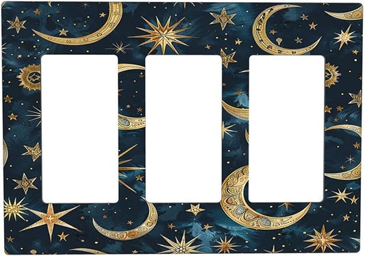 Light Switch Covers Modern Abstract Sky Blue Gold Moon Sun Star 3 Gang Rocker Electrical GFCI Decorative Triple Outlet Wall Plate Cover Switchplate for Bedroom Kids room Decor