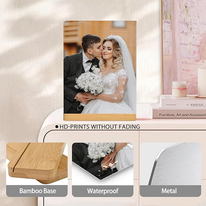 Custom Photo Prints - Metal Desktop Picture Frame with Photos & Wooden Base Personalized Gifts for Family Friends Lovers and Pets, Optional Multiple Sizes