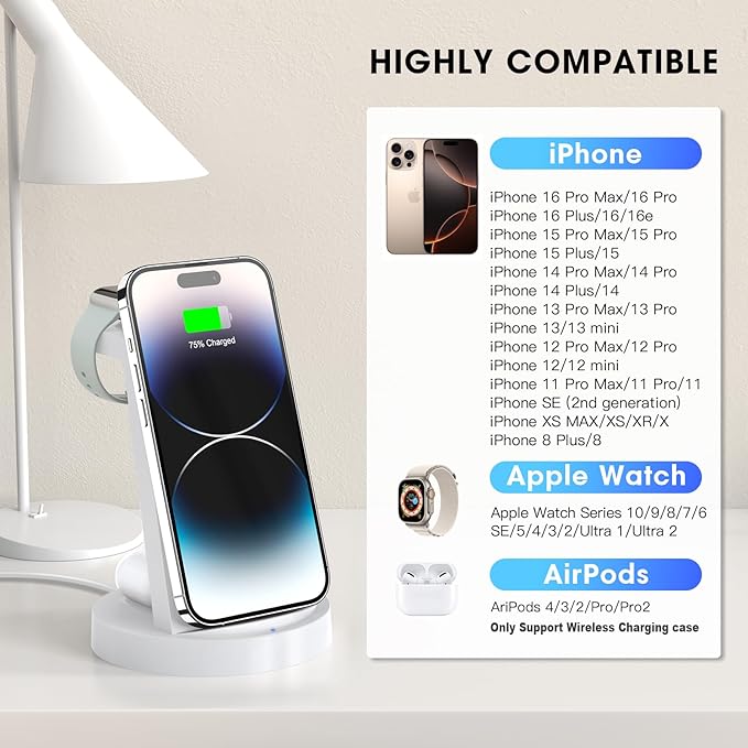 3 in 1 Charging Station for iPhone - Wireless Charger for Apple Products Multiple Devices - Charging Dock Stand for AirPods (for iPhone 17 16e 16 15 14 13 pro 12 11 X Max)