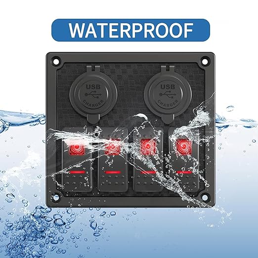 4 Gang Rocker Switch Panel, Multi-Function LED On-Off Switch with 3.1A Dual USB Charger, 12/24V Waterproof Marine Wired Toggle Switch Panel for Automotive Cars Marine Boats RVs SUV (Red)