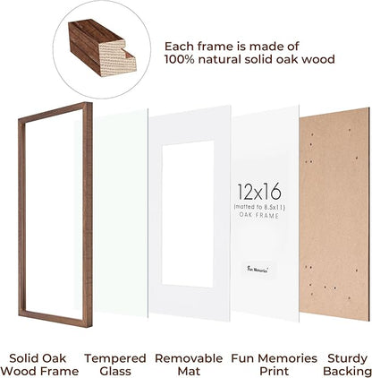 12x16 Picture Frame, Solid Oak Wood 12 x 16 Frame for Wall, 12 by 16 Picture Frames with Real Glass, 12x16 Frame Matted to 8.5x11, Rusitic Wood 12"x16" Poster Frame, Walnut Color, 1 Pack