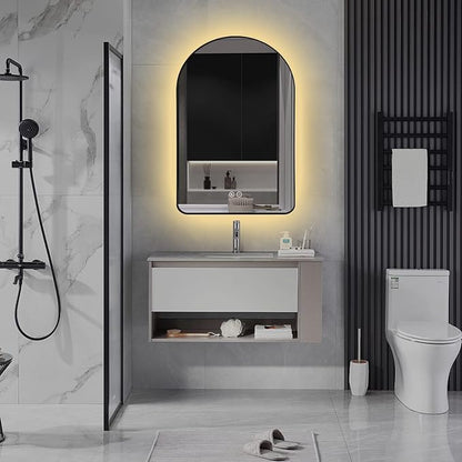 Niccy Arched LED Lighted Bathroom Mirror, 36x24 Inch Backlit Vanity Mirror with Lights Brushed Black Framed Wall Mounted Mirrors with Dimmable 3 Color Shatterproof Arch Smart Fog Free Mirror