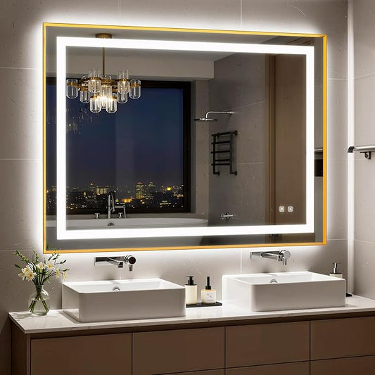 48X36 Inch LED Bathroom Mirror with Lights, Gold Frame Frontlit+ Backlit Bathroom Vanity Mirror for Wall, Ultra-Clear Tempered Glass, Shatter-Proof, Anti-Fog and Memory Function, ETL Listed