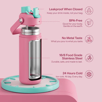 ENCOOL Insulated Water Bottle with Straw Stainless Steel Water Bottle, Leak-Proof, BPA-Free, Double Wall Vacuum Keeps Cold for 24 Hours for Sports, Travel, School (18 oz, Tulip)