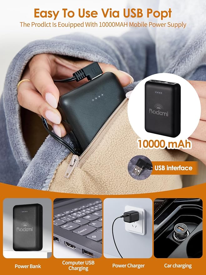 USB Heated Electric Blanket,with 10000mAh Power Bank,Cordless Portable Wearable Heated Throw Blanket,3 Heating Levels,8 Heating Zones,65''*34'' for Home,Travel and Camping