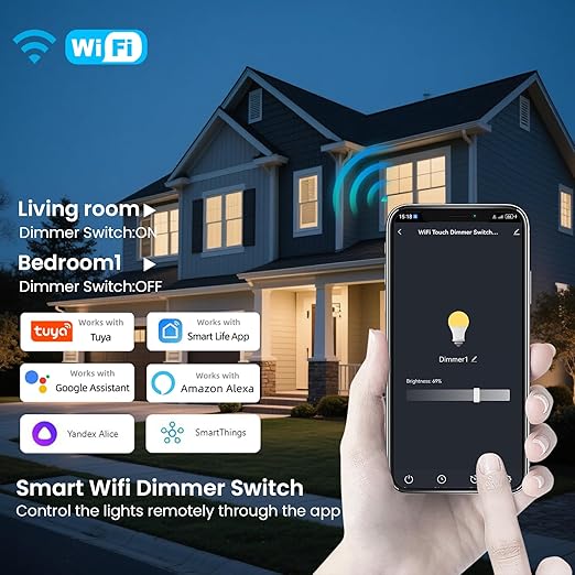 Smart Dimmer Switch Neutral Wire Required, 2.4GHz WiFi Dimmer Light Switch with Remote Voice Control, Tempered Glass Panel, Compatible with Alexa and Google Home, White WiFi Dimmer