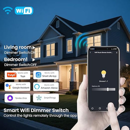 Smart Dimmer Switch Neutral Wire Required, 2.4GHz WiFi Dimmer Light Switch with Remote Voice Control, Tempered Glass Panel, Compatible with Alexa and Google Home, White WiFi Dimmer