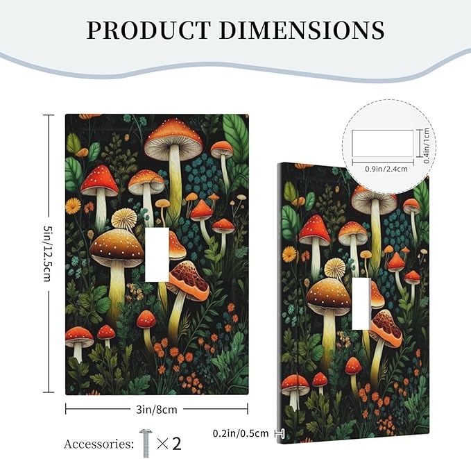 Decorative Light Switch Plate Covers Boho Red Mushroom Green Leaf Plants Floral 3 Gang Wall Plate Switch Cover Plate Triple Toggle Jumbo Electrical Faceplate for Bedroom Home Decor