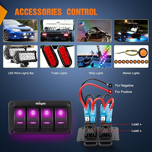 Nilight 4 Gang Rocker Switch Panel with Purple LED Light 5 Pin On Off Pre-Wired Aluminum Toggle Switches Waterproof for 12V/24V Cars Marine Boats ATVs Trailers RV Trucks