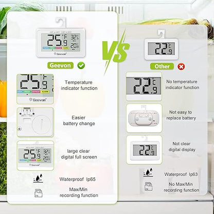 Geevon Digital Refrigerator Thermometer 4 Pack, IP65 Waterproof Fridge and Freeze Thermometer with Magnetic Back Large LCD，Max/Min Record Function for Home,Commercial