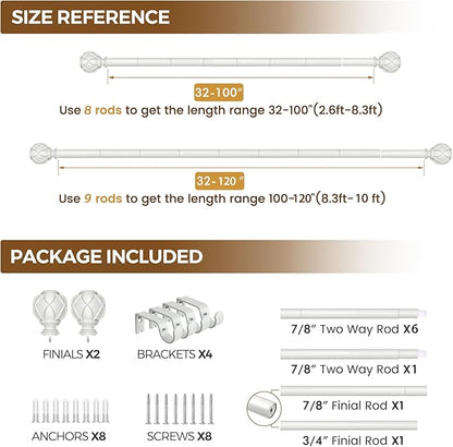 KAMANINA Curtain Rods for Windows 66 to 120 Inch, 7/8 Inch White Heavy Duty Curtain Rod 32 to 120 (2.6-10ft), Adjustable Decorative Drapery Rods with Netted Texture End