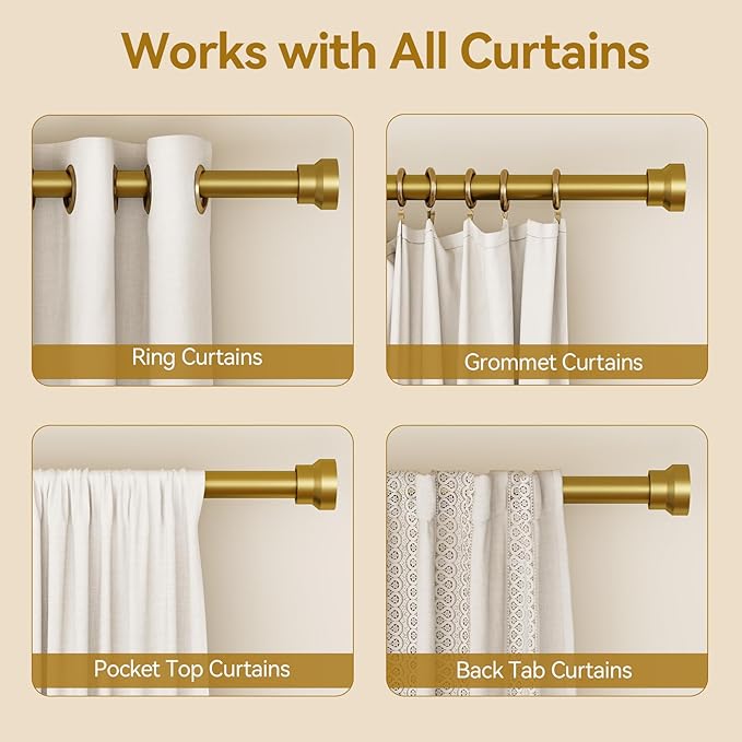 Curtain Rod 2 Pack 32-58 Inch, Heavy Duty 1 Inch Curtain Rod, Gold Short Adjustable Window Treatment Rods, Modern Design, Easy Installation