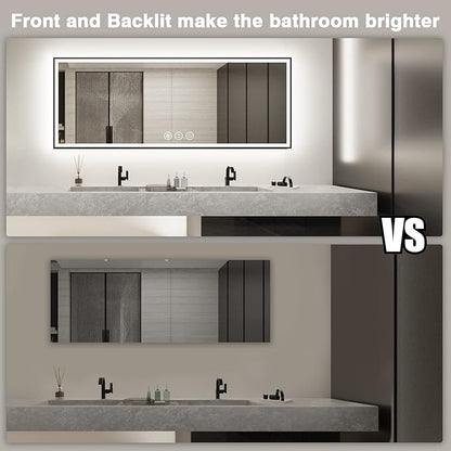 96x36 Large LED Bathroom Mirror with Lights - Black Aluminum(Front and Backlit),Anti-Fog Lighted Mirror for Wall,Stepless Dimmable Lighted Mirror,3 Colors Smart Mirror(Horizontal/Vertical)