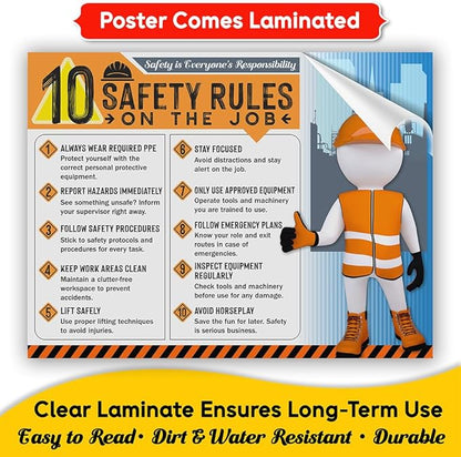10 Safety Rules on the Job Poster 2026 – 18x24 Durable Laminated Business Safety First Poster Sign, Tear-Resistant, Waterproof Workplace Safety & Industrial Safety Poster for Construction (Pack of 1)