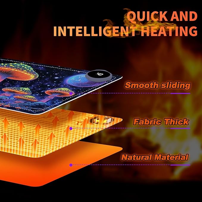 Heated Mouse Pad 23.6 x 14 in 3-Temp Fast Heating Desk Mat with Auto Timer Warmer for Hands Wrist Pain Relief Waterproof Keyboard Mat for Office, Gaming, Home, Mushroom Galaxy Art
