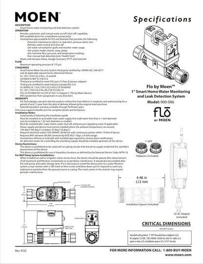 Moen Flo Smart Water Monitor and Automatic Shutoff Sensor, Wi-Fi Connected Water Leak Detector for 1-Inch Diameter Pipe, 900-006